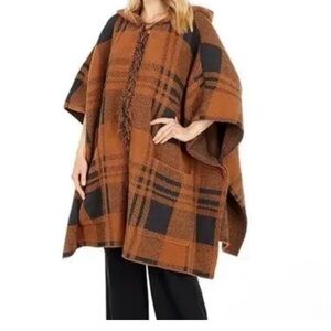 Barefoot Dreams Plaid Hooded Poncho Sweater - Brown and Black One Size